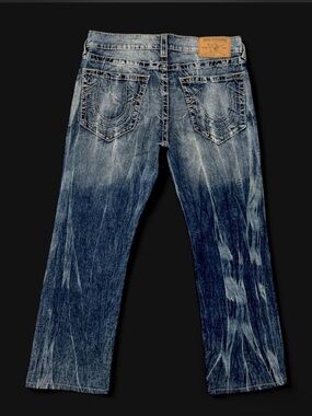 True Religion Straight Earthworm Big T Jeans Men's Size 34 Blue Acid Wash